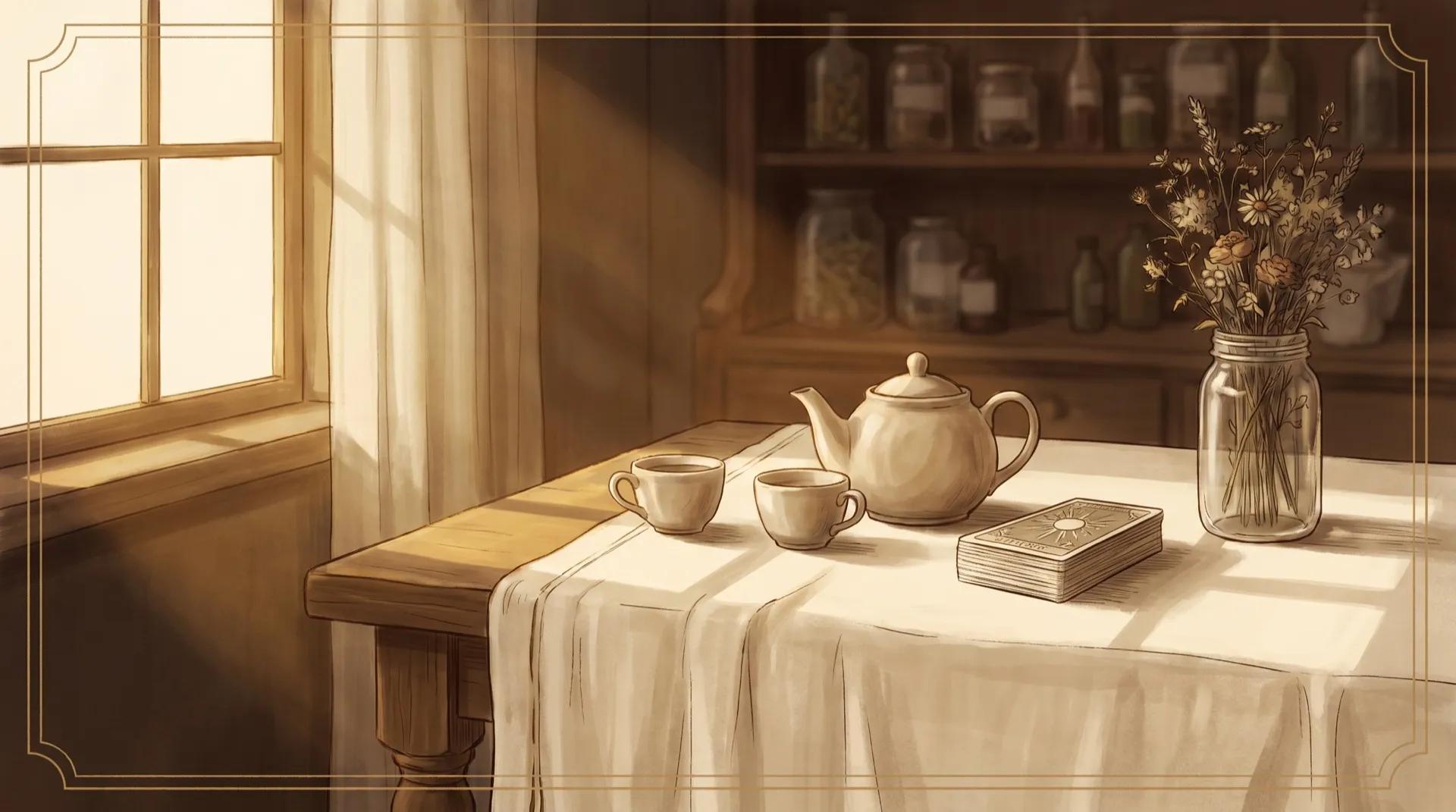 A warm kitchen table with cream linen, a squared tarot deck, a teapot and garden flowers in late-afternoon light