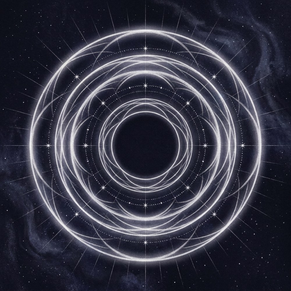 A sacred-geometry composition for angel number 0000, glowing against deep indigo space