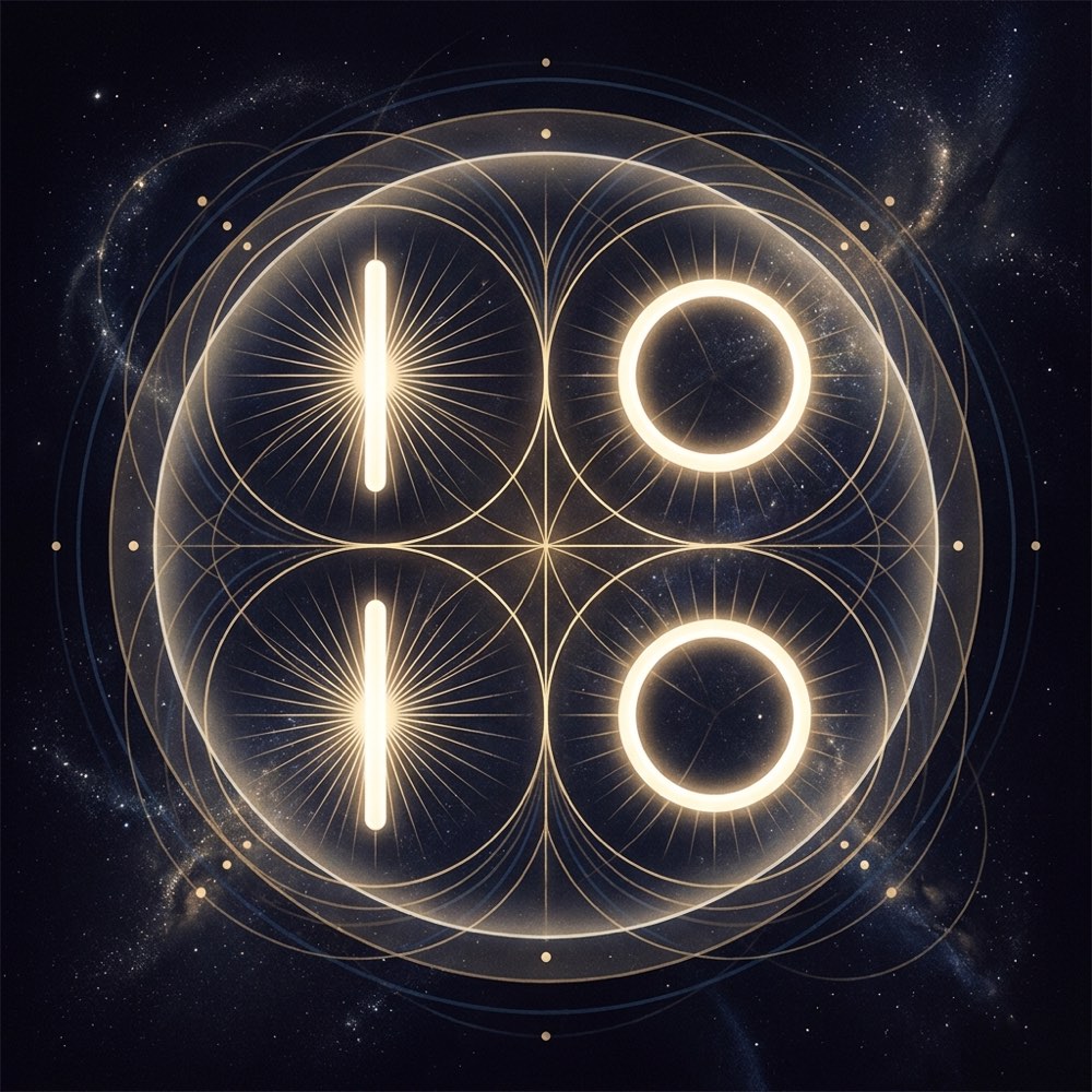A sacred-geometry composition for angel number 0101, glowing against deep indigo space