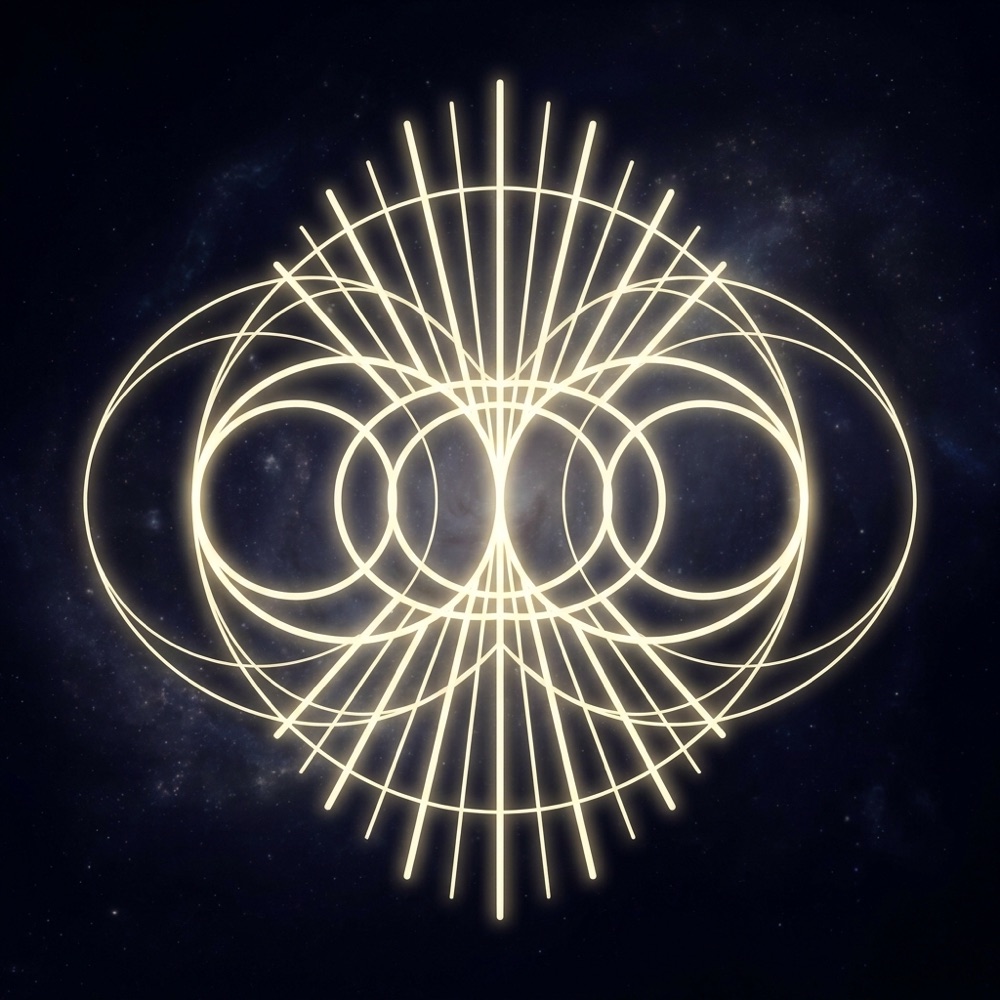 A sacred-geometry composition for angel number 1010, glowing against deep indigo space