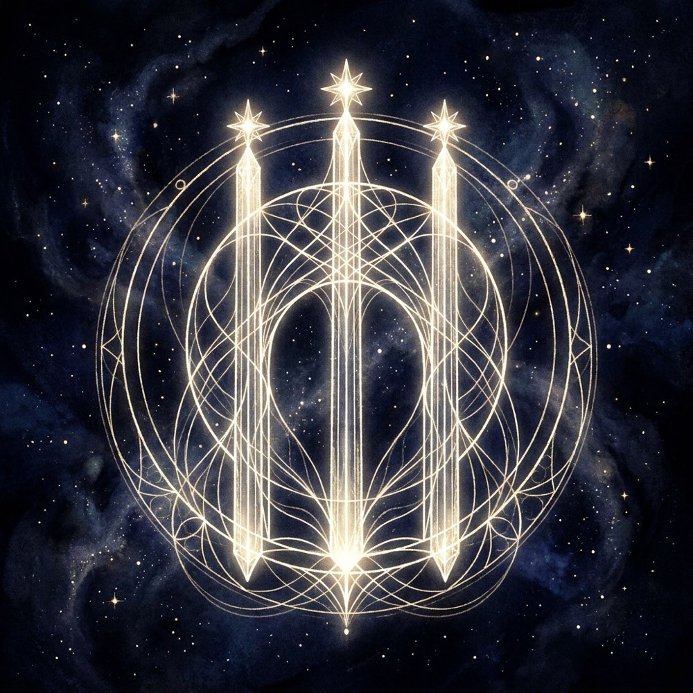 A sacred-geometry composition for angel number 111, glowing against deep indigo space