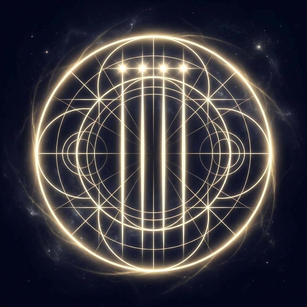 A sacred-geometry composition for angel number 1111, glowing against deep indigo space