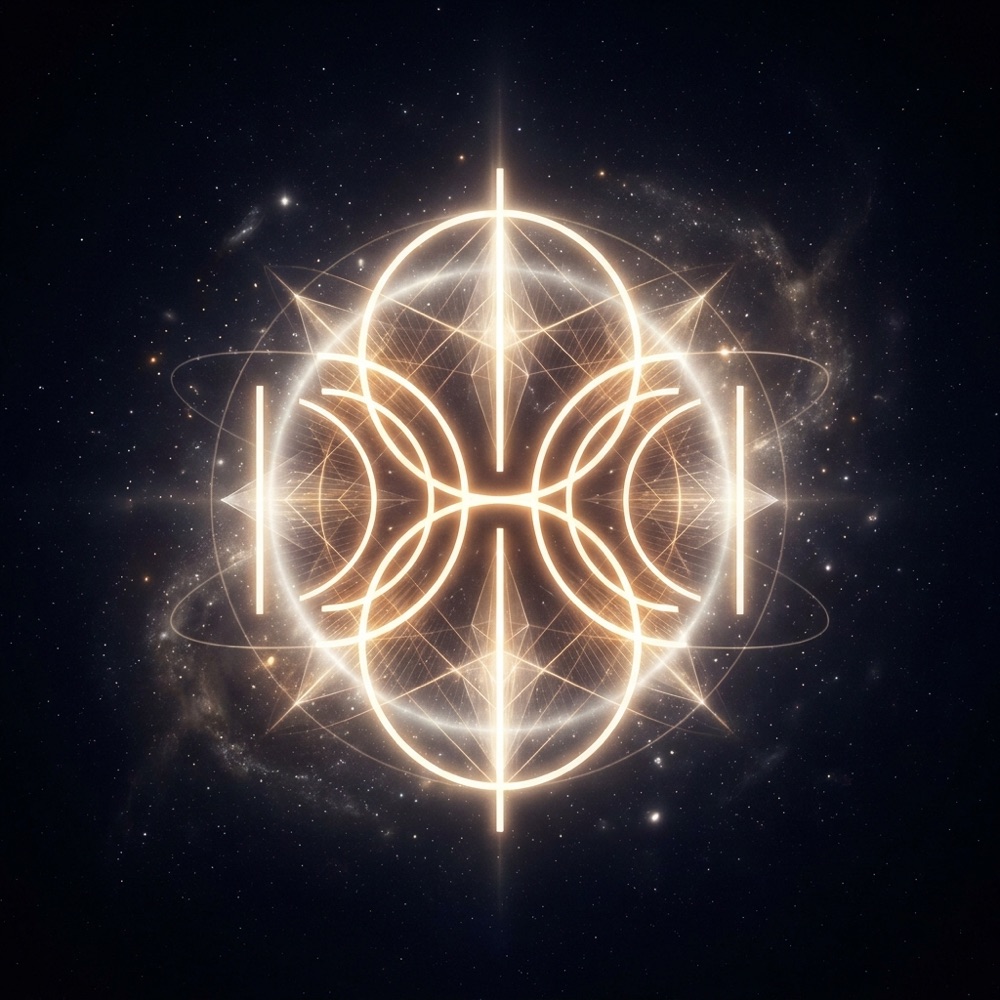 A sacred-geometry composition for angel number 1221, glowing against deep indigo space