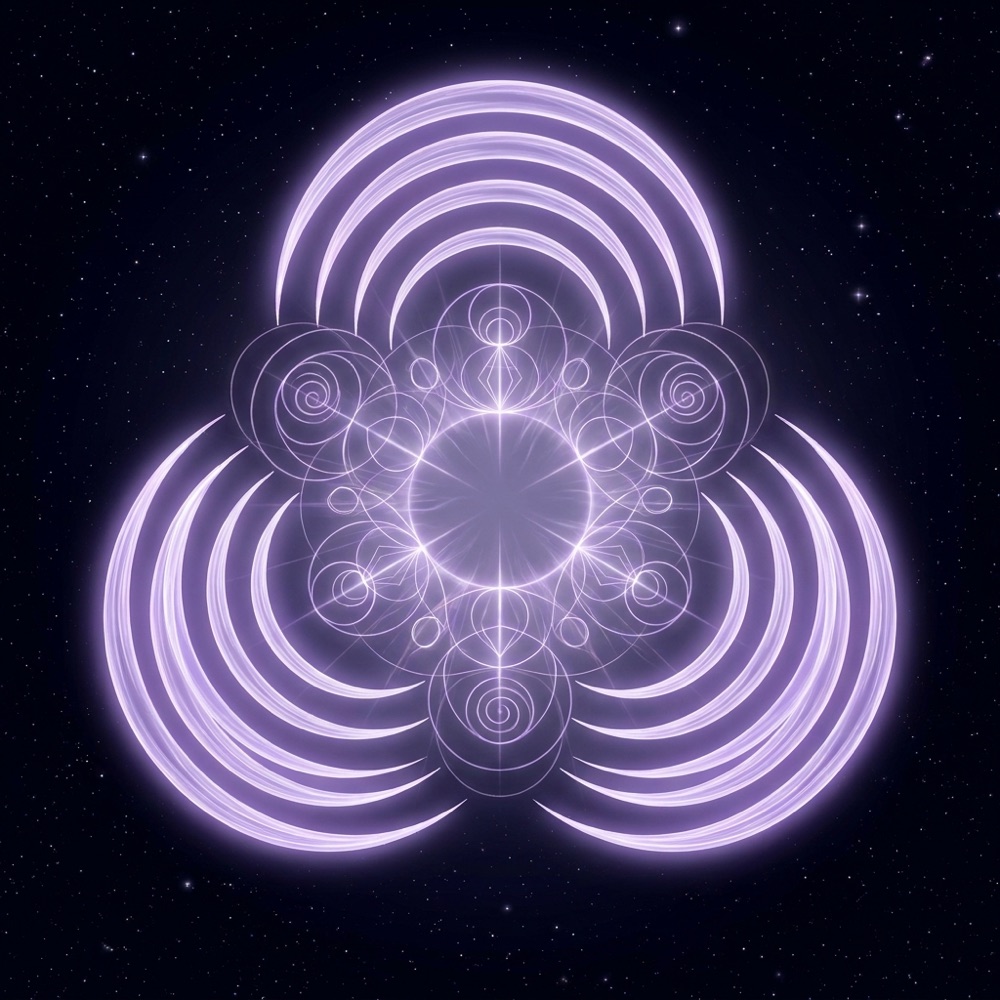 A sacred-geometry composition for angel number 222, glowing against deep indigo space