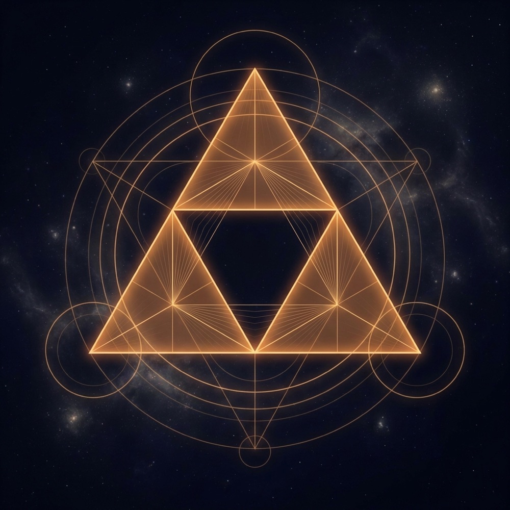 A sacred-geometry composition for angel number 333, glowing against deep indigo space