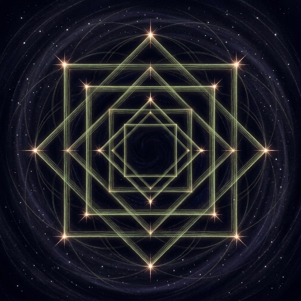 A sacred-geometry composition for angel number 444, glowing against deep indigo space