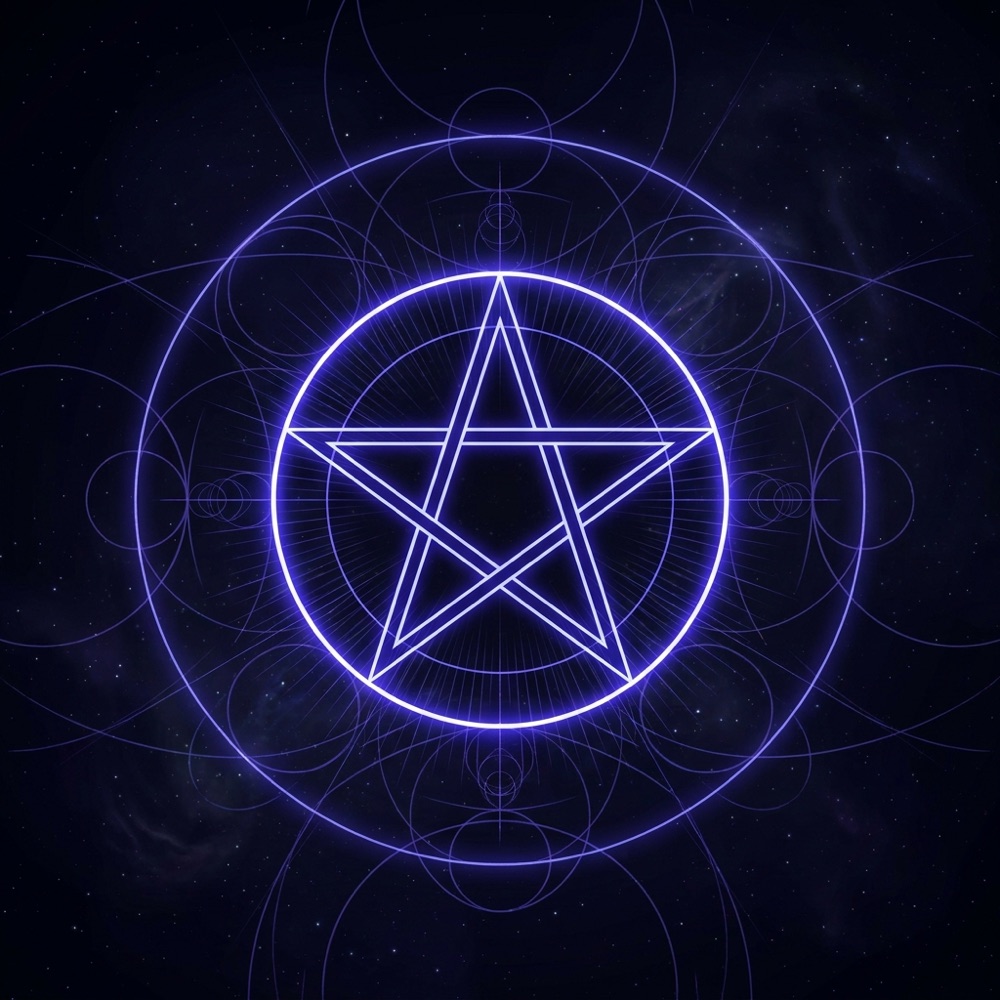 A sacred-geometry composition for angel number 555, glowing against deep indigo space