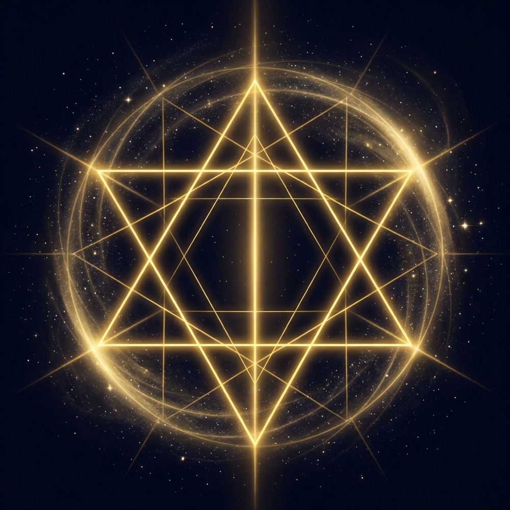 A sacred-geometry composition for angel number 717, glowing against deep indigo space