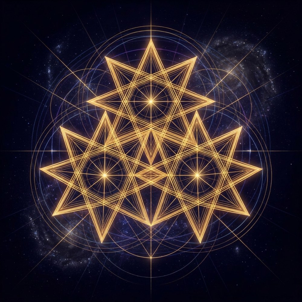 A sacred-geometry composition for angel number 777, glowing against deep indigo space