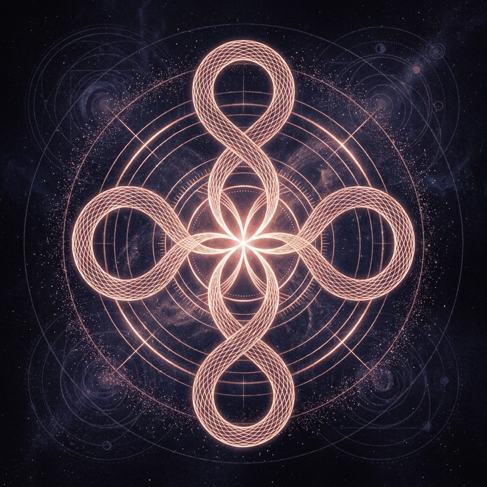 A sacred-geometry composition for angel number 888, glowing against deep indigo space