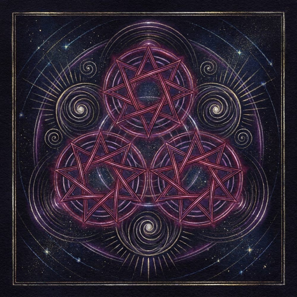A sacred-geometry composition for angel number 999, glowing against deep indigo space