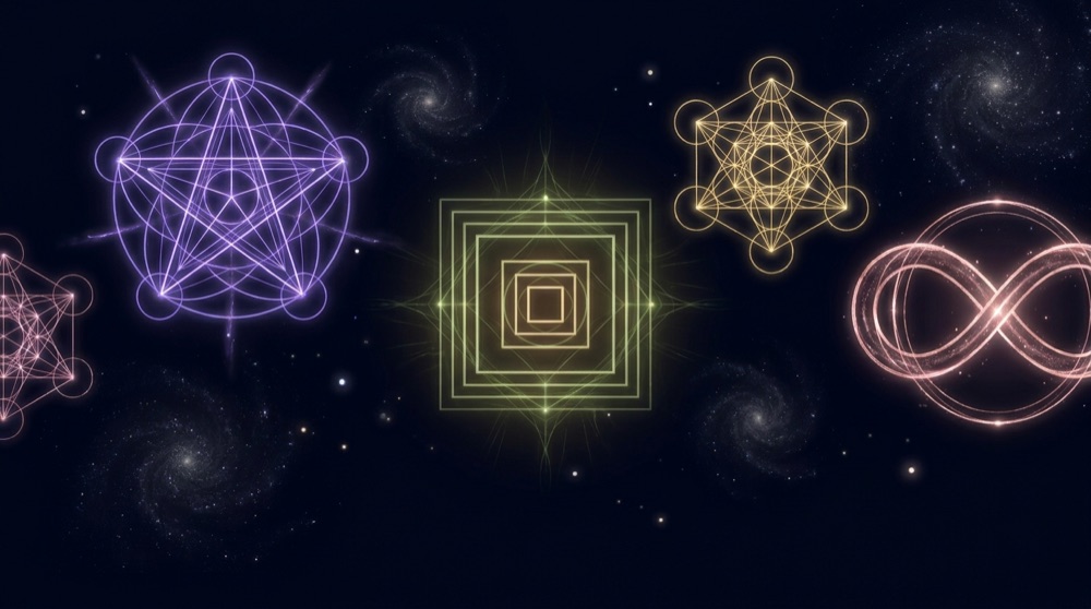 Glowing sacred-geometry compositions floating at different depths in deep indigo space