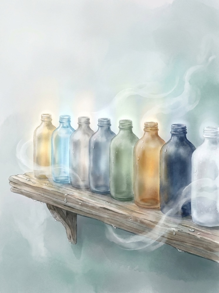 Eight frosted glass bottles on a driftwood shelf, each glowing a different pastel sky color in morning mist