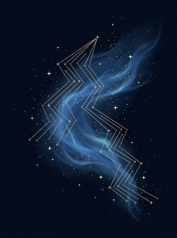 Aquarius constellation drawn in gold hairline on a deep midnight-navy star field