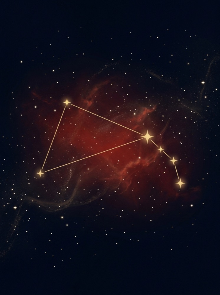 Aries constellation drawn in gold hairline on a deep midnight-navy star field