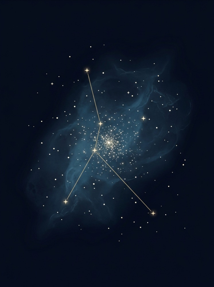 Cancer constellation drawn in gold hairline on a deep midnight-navy star field