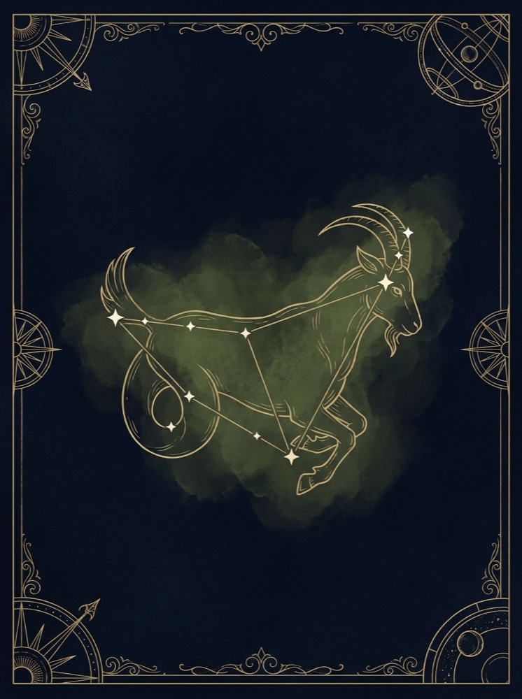 Capricorn constellation drawn in gold hairline on a deep midnight-navy star field