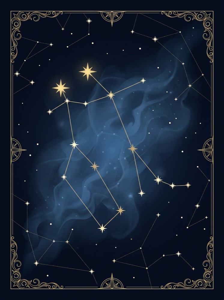 Gemini constellation drawn in gold hairline on a deep midnight-navy star field