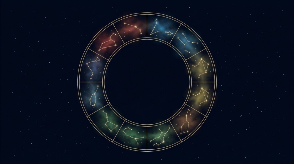 All twelve zodiac constellations drawn in gold hairline on deep midnight navy, arranged as a celestial wheel