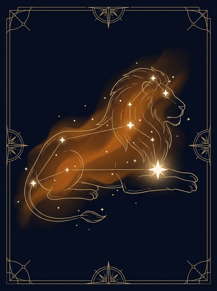 Leo constellation drawn in gold hairline on a deep midnight-navy star field