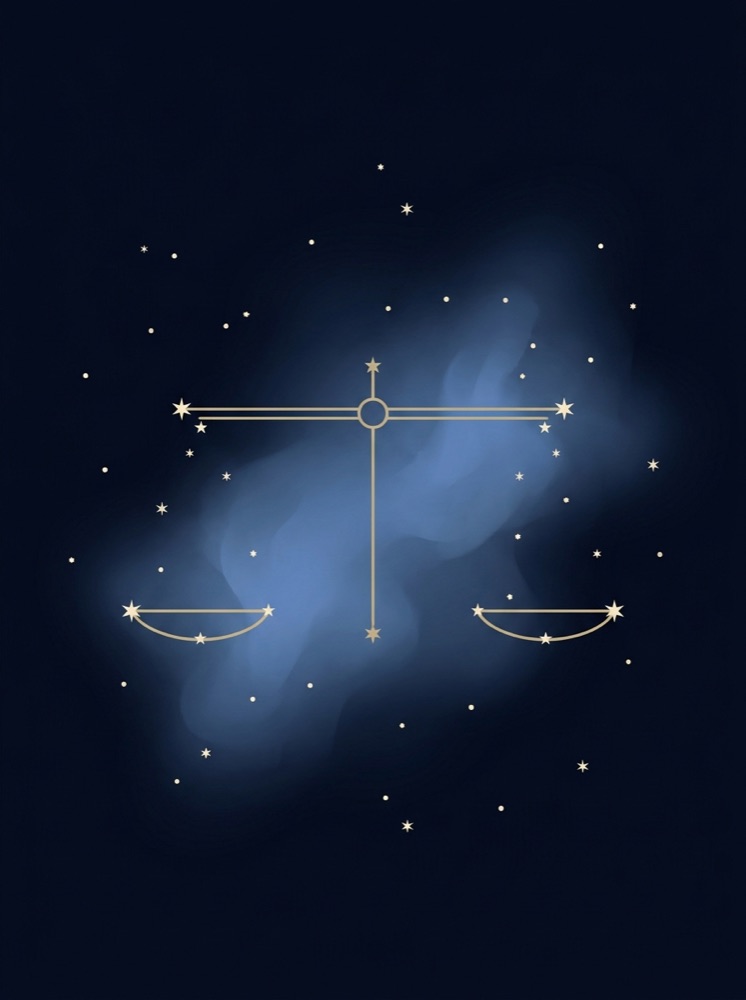 Libra constellation drawn in gold hairline on a deep midnight-navy star field