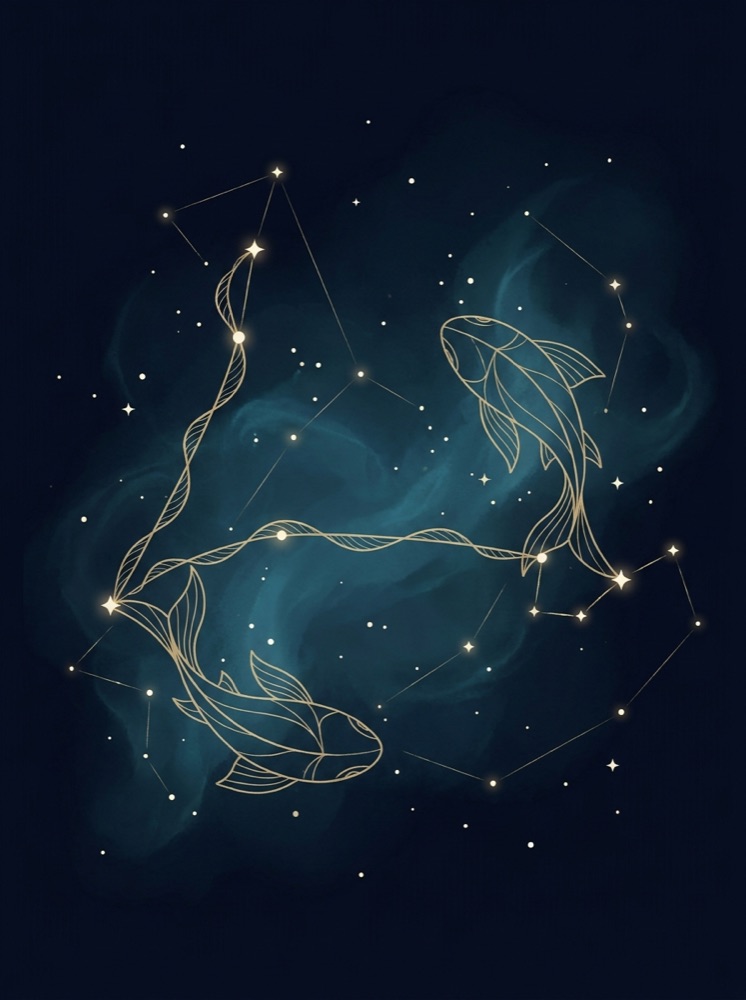 Pisces constellation drawn in gold hairline on a deep midnight-navy star field
