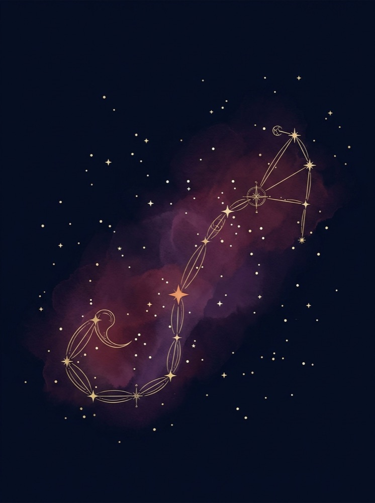 Scorpio constellation drawn in gold hairline on a deep midnight-navy star field