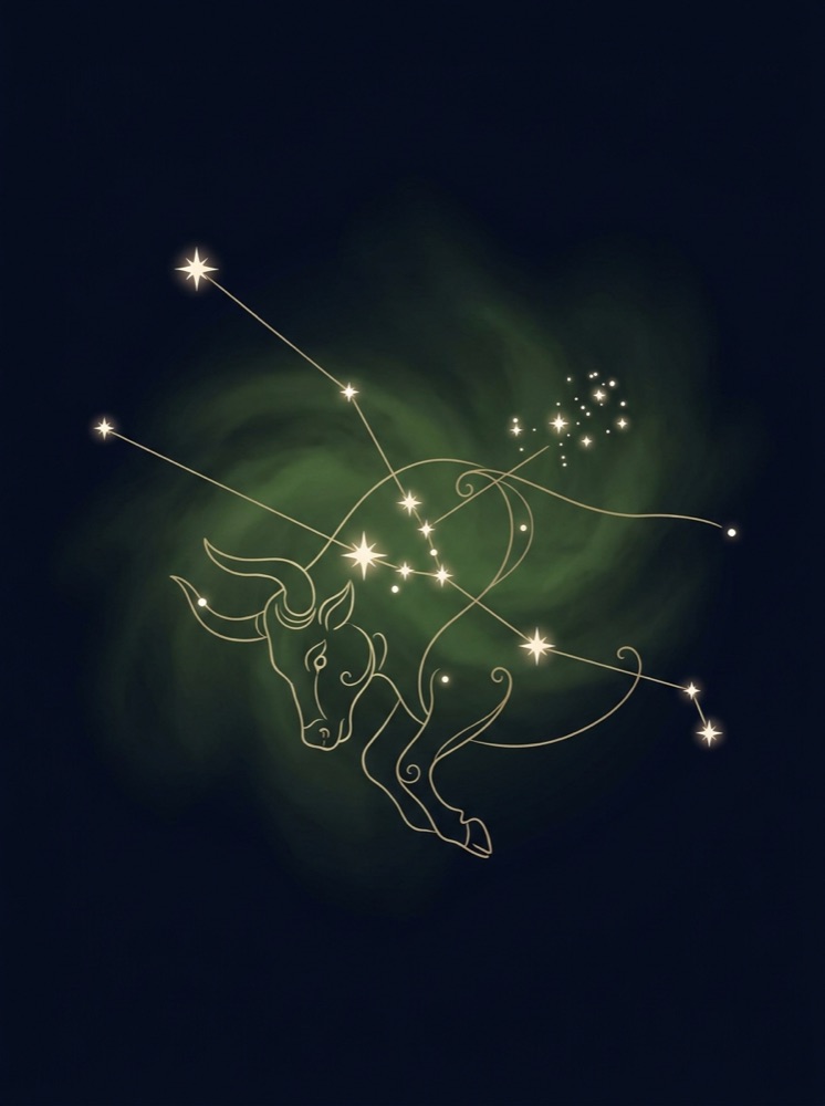 Taurus constellation drawn in gold hairline on a deep midnight-navy star field