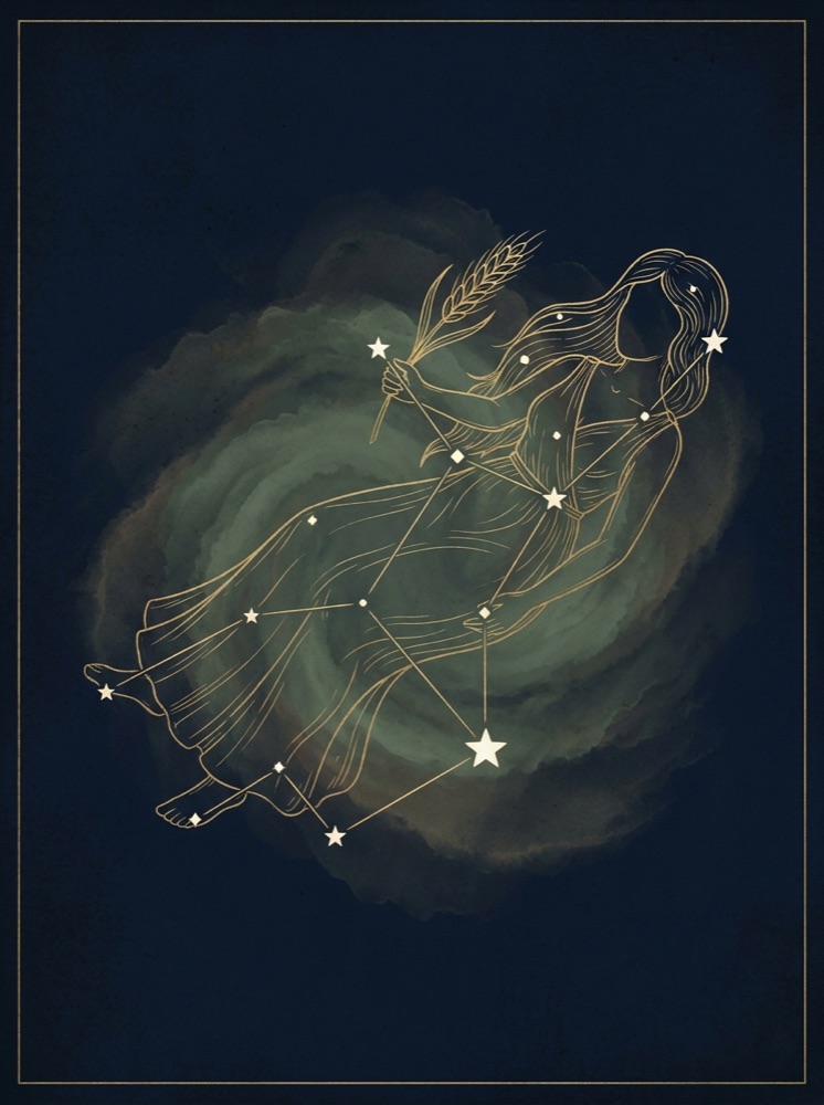Virgo constellation drawn in gold hairline on a deep midnight-navy star field