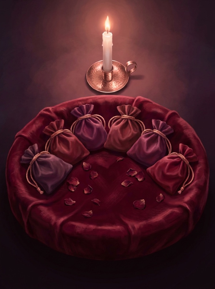 A crimson velvet tray holding eight silk pouches, scattered rose petals and one taper candle