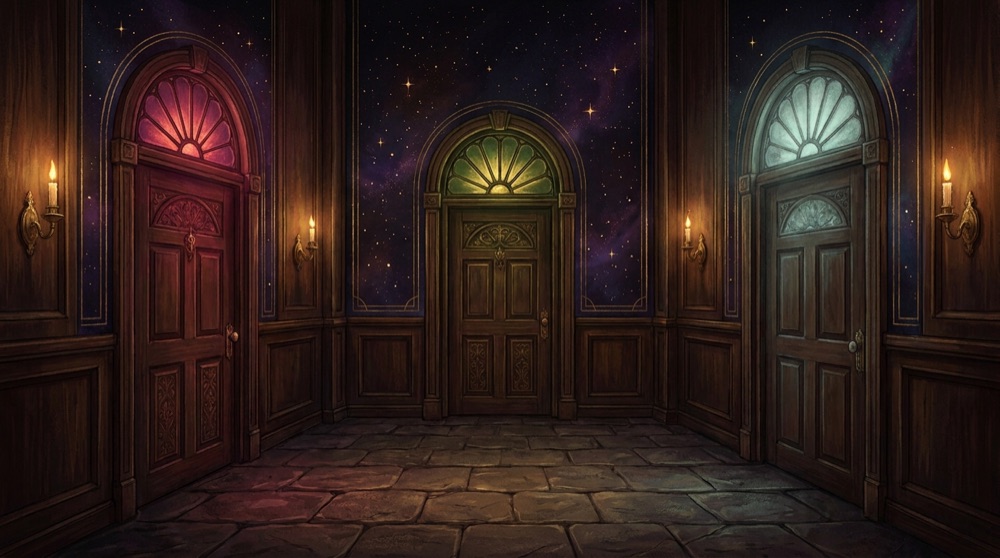 An illustrated corridor of dark walnut paneling with three doors, their fanlights glowing crimson, bottle green and pale aqua