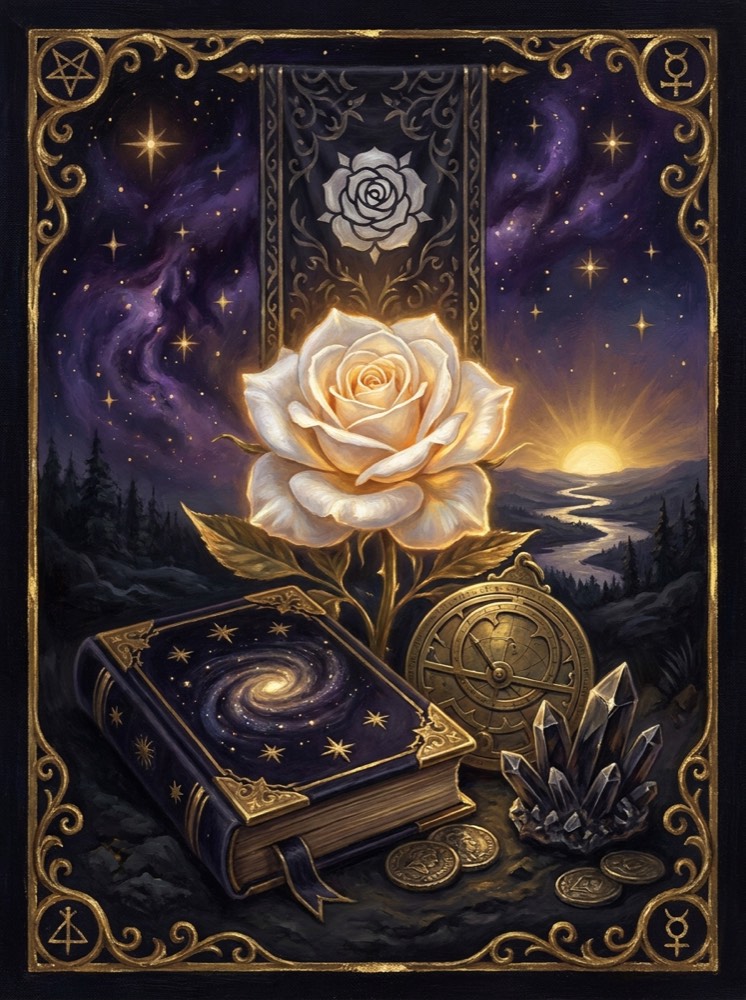 Death — an illustrated tarot vignette in deep cosmic space with gold linework