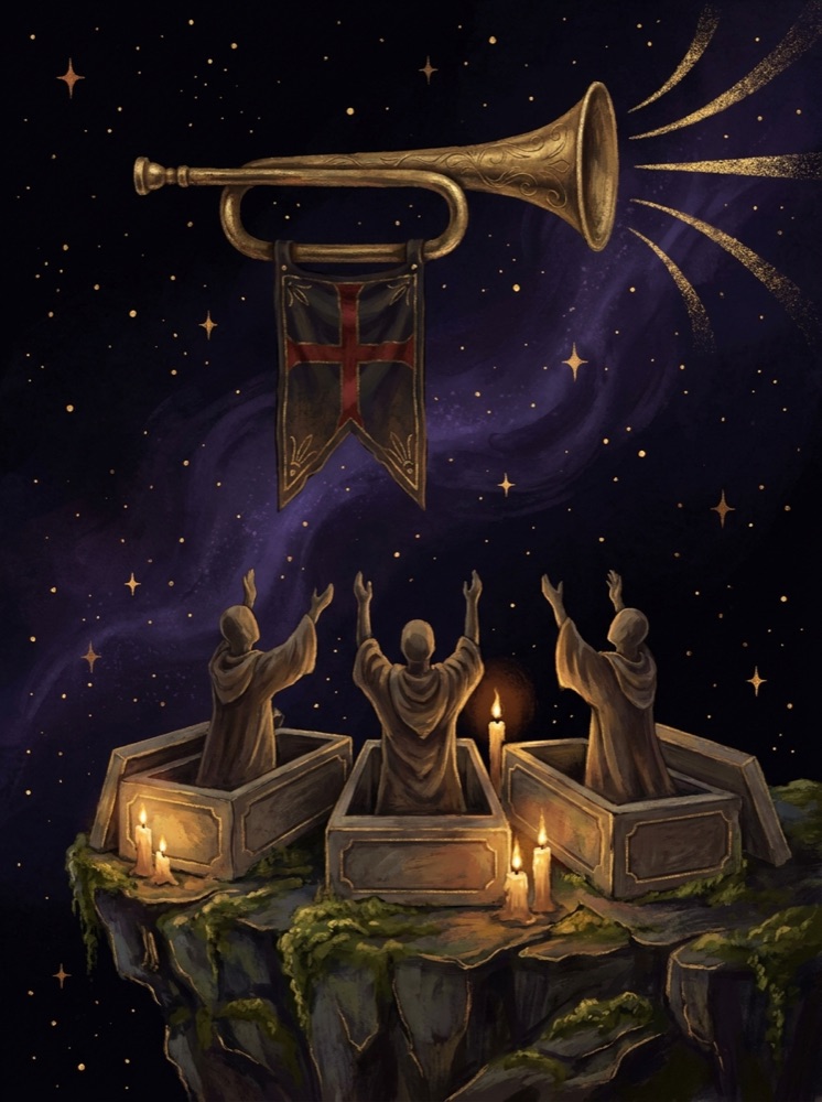 Judgement — an illustrated tarot vignette in deep cosmic space with gold linework