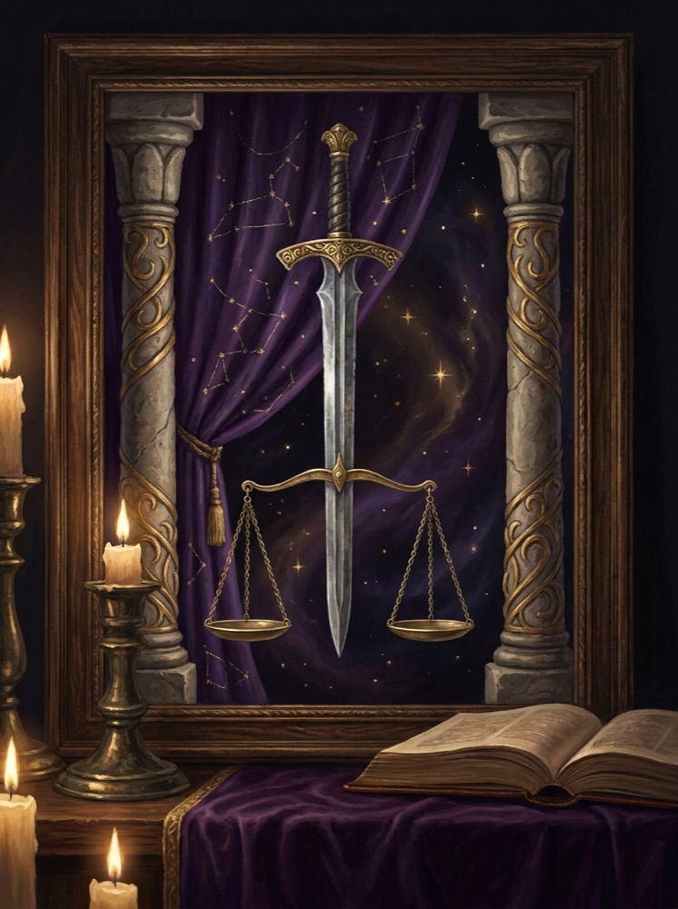 Justice — an illustrated tarot vignette in deep cosmic space with gold linework