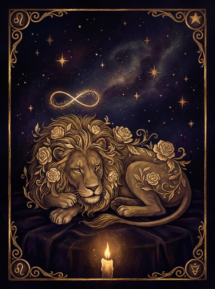 Strength — an illustrated tarot vignette in deep cosmic space with gold linework