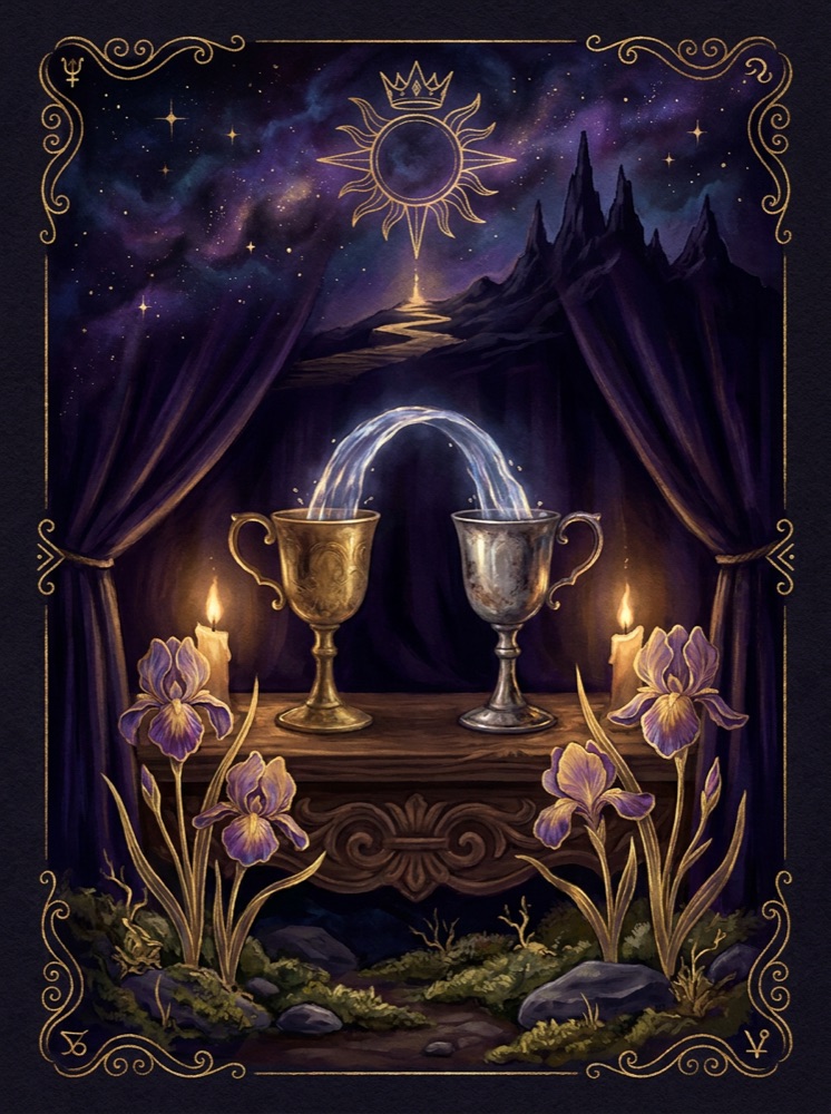 Temperance — an illustrated tarot vignette in deep cosmic space with gold linework