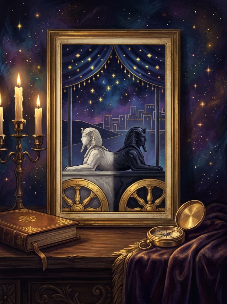 The Chariot — an illustrated tarot vignette in deep cosmic space with gold linework