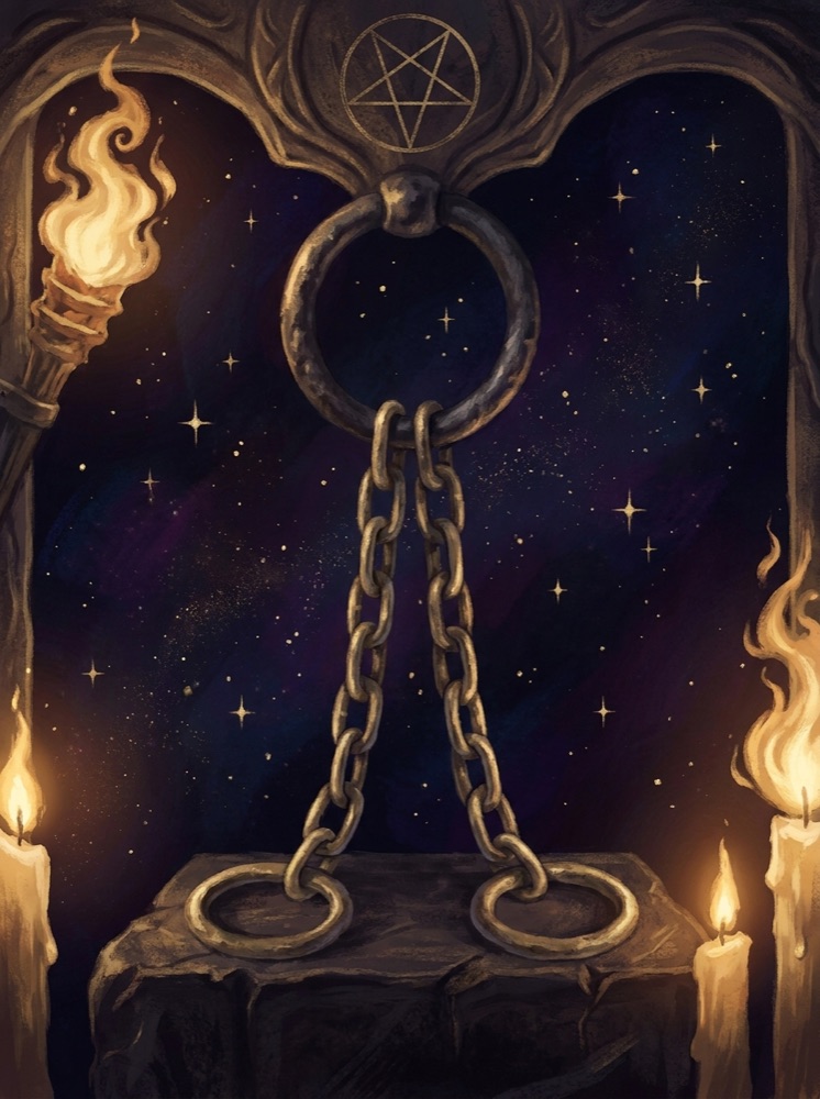 The Devil — an illustrated tarot vignette in deep cosmic space with gold linework