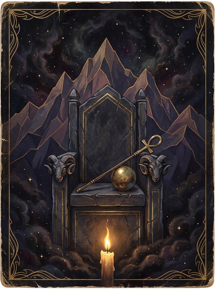 The Emperor — an illustrated tarot vignette in deep cosmic space with gold linework