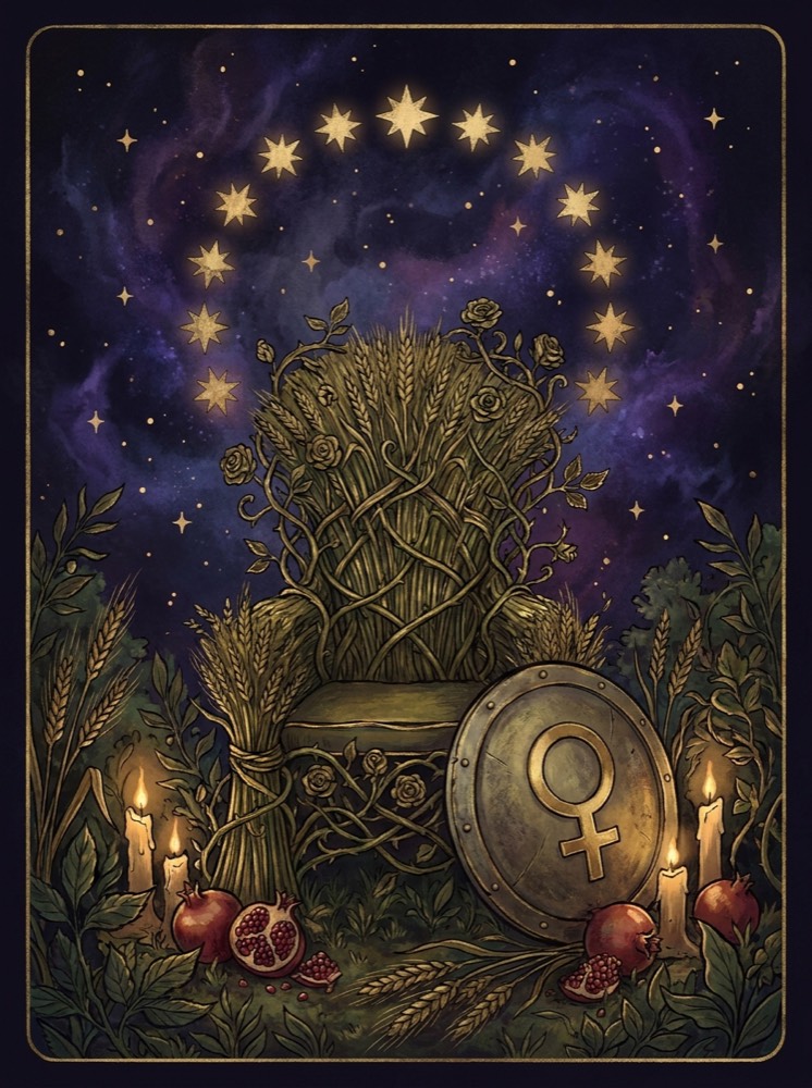 The Empress — an illustrated tarot vignette in deep cosmic space with gold linework