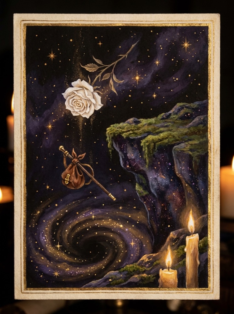 The Fool — an illustrated tarot vignette in deep cosmic space with gold linework