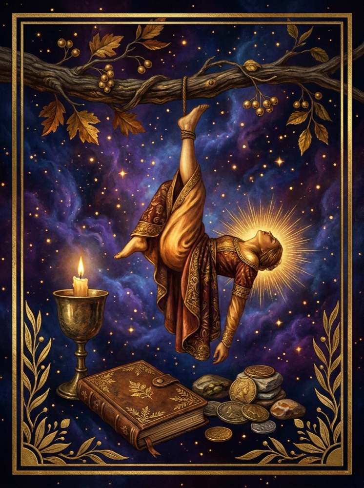 The Hanged Man — an illustrated tarot vignette in deep cosmic space with gold linework