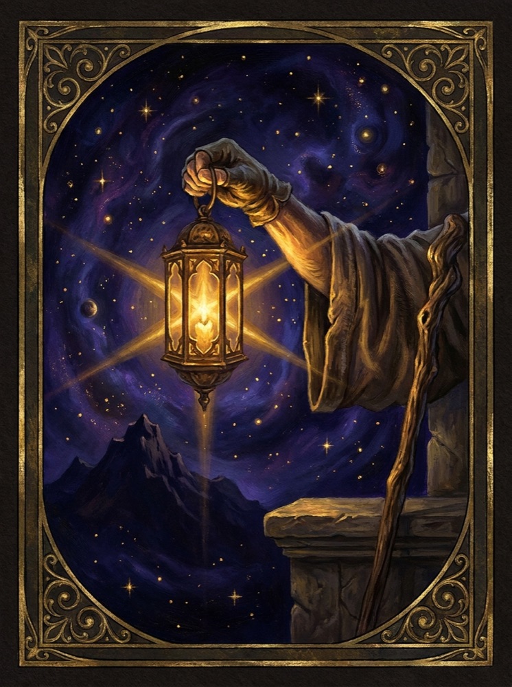 The Hermit — an illustrated tarot vignette in deep cosmic space with gold linework