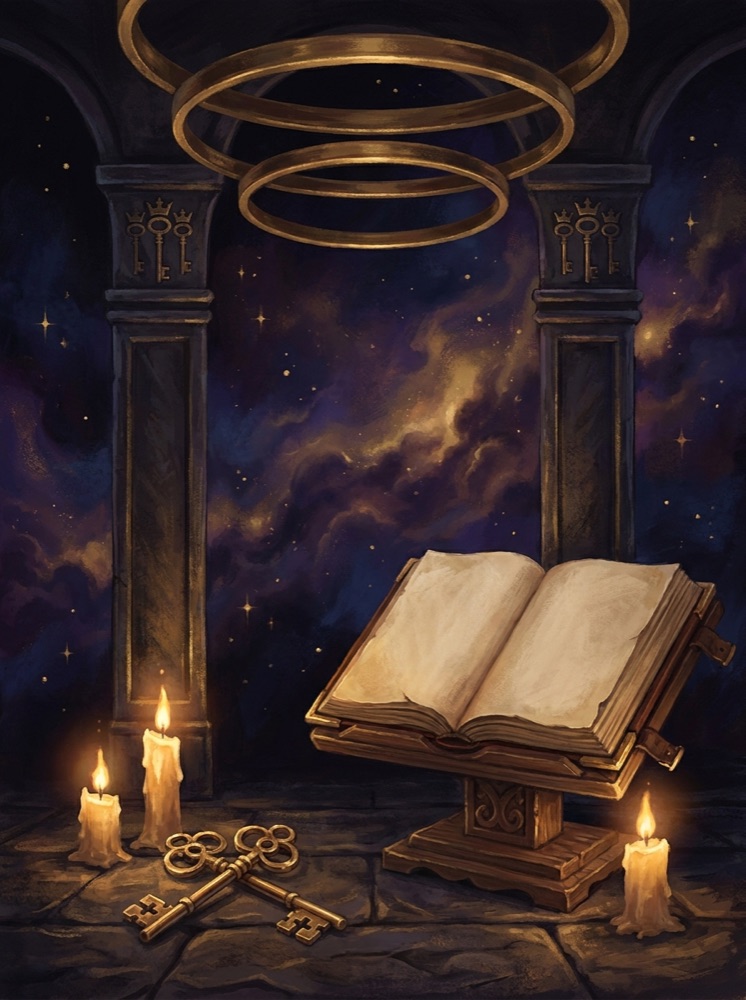 The Hierophant — an illustrated tarot vignette in deep cosmic space with gold linework