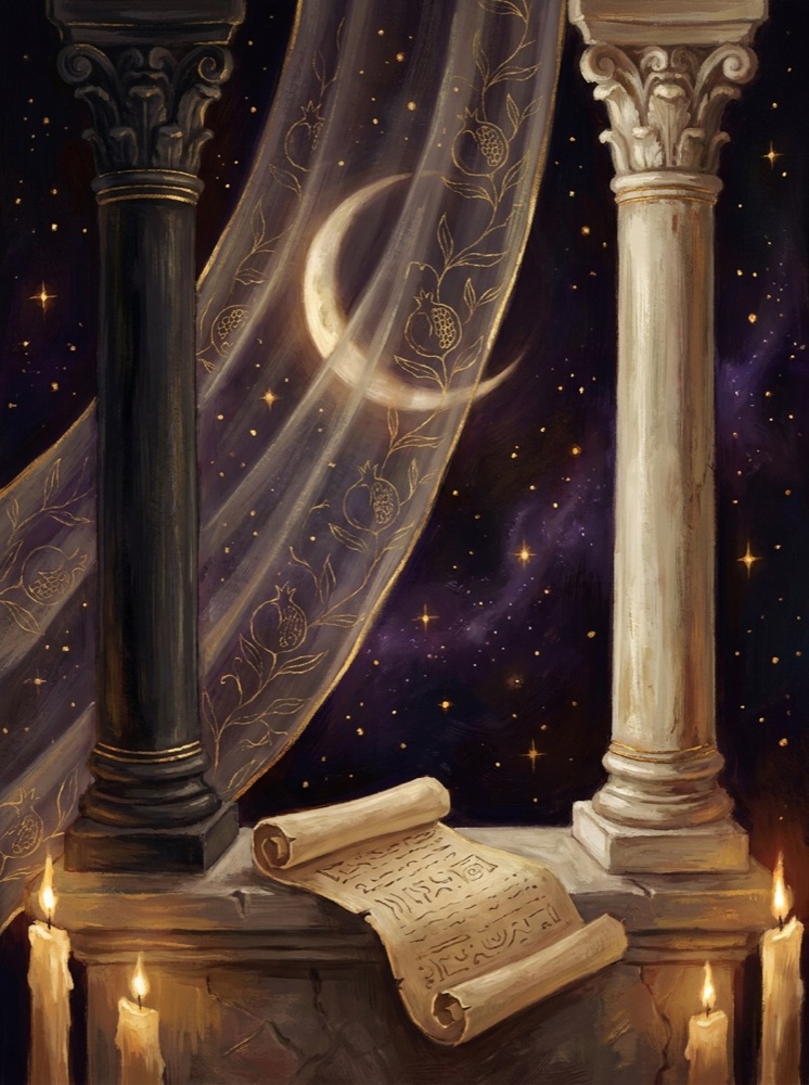 The High Priestess — an illustrated tarot vignette in deep cosmic space with gold linework