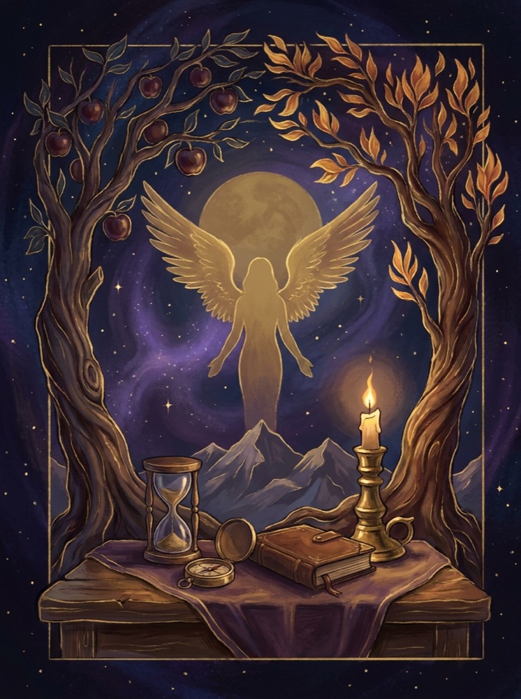The Lovers — an illustrated tarot vignette in deep cosmic space with gold linework
