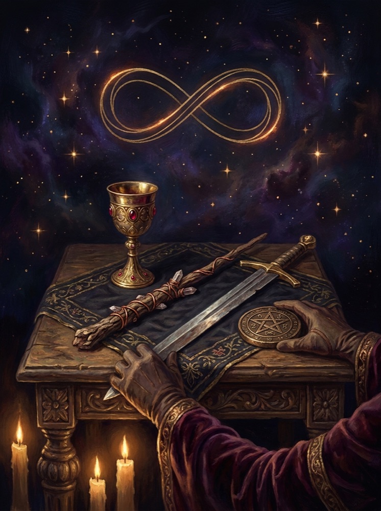 The Magician — an illustrated tarot vignette in deep cosmic space with gold linework