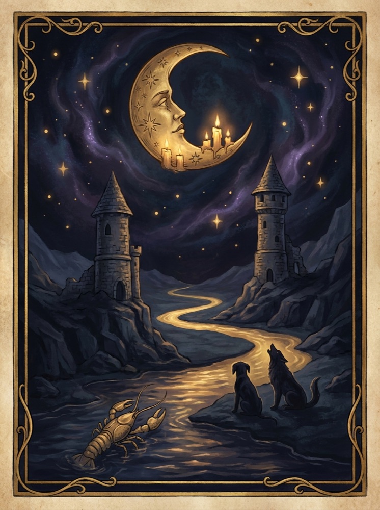 The Moon — an illustrated tarot vignette in deep cosmic space with gold linework
