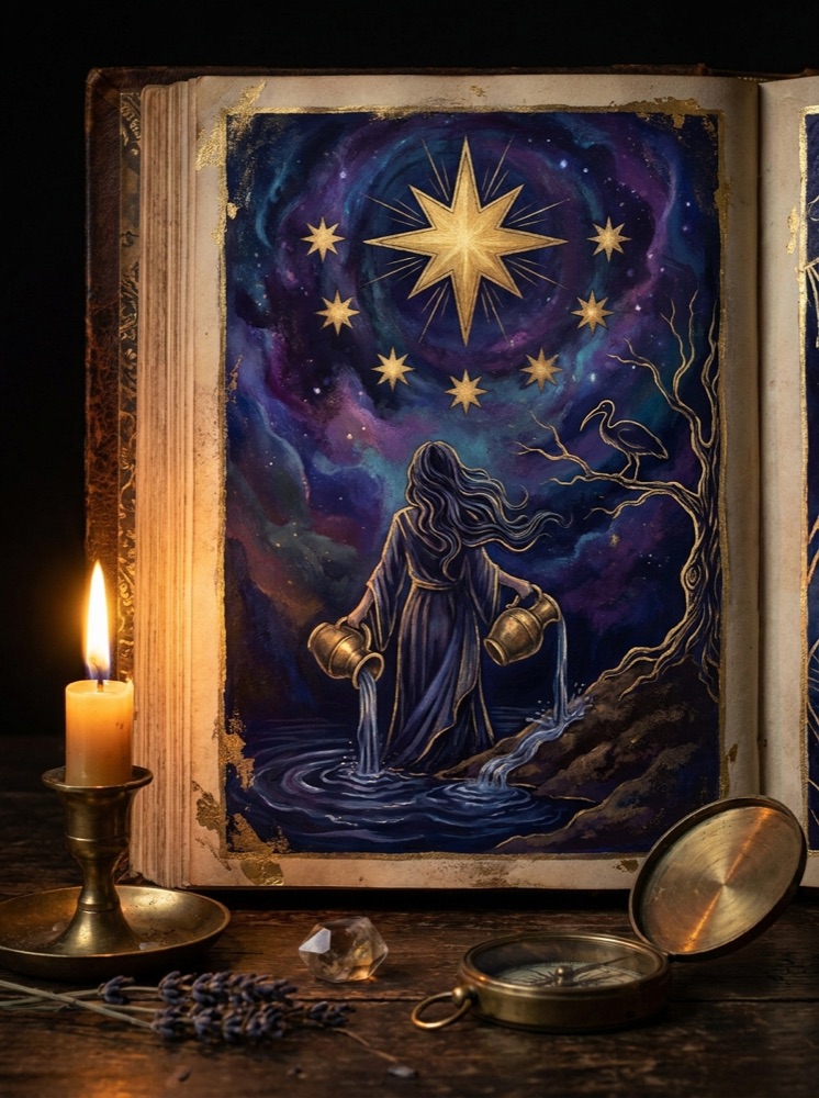The Star — an illustrated tarot vignette in deep cosmic space with gold linework