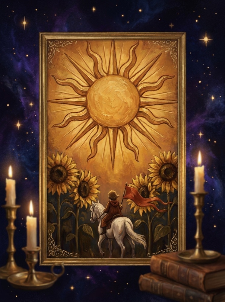 The Sun — an illustrated tarot vignette in deep cosmic space with gold linework